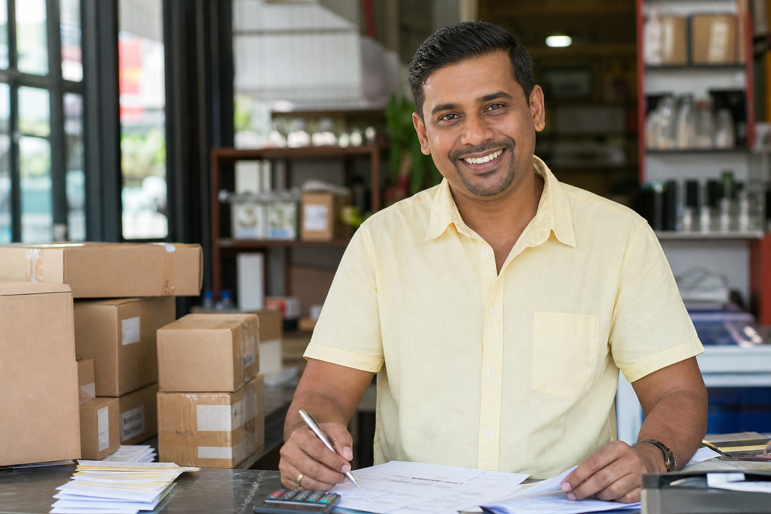 Indian Malaysian business owner with invoices and parcels